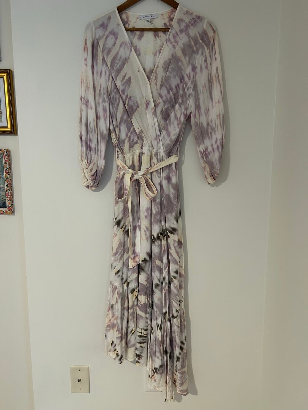 YFB Young Fabulous Broke Tie Dye Wrap Dress Long Sleeve Midi Off White Purple M